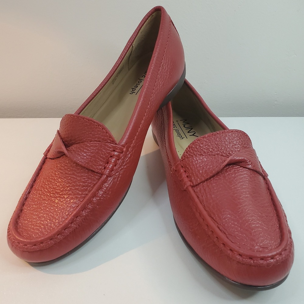 Marc Joseph New York MJNY Red Pebbled Leather Driving Loafers Womens 7 Bow Flat